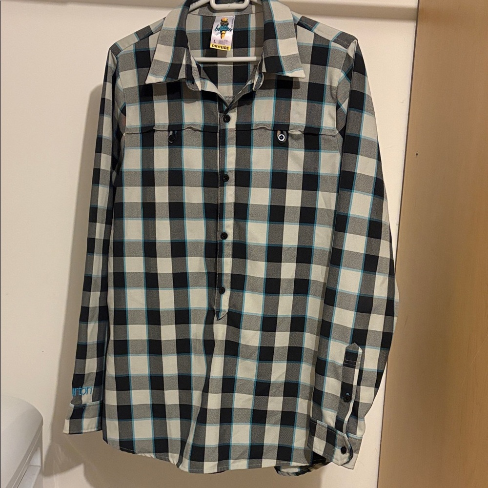 Burton DryRide Cool Flavours Black & Blue Plaid Half Button Down Shirt Wmns Sz L